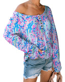 Azura Exchange Printed Wide Neck Thumbhole Sleeve Henley Top - XL