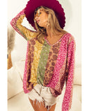 Azura Exchange Floral Leopard Mixed Print V Neck Long Sleeve Tee - M