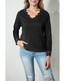 Azura Exchange Ribbed Texture Lace Trim V Neck Long Sleeve Top - XL