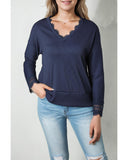 Azura Exchange Ribbed Texture V Neck Long Sleeve Top - M