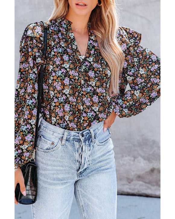 Azura Exchange Floral Print Ruffled Bubble Sleeve Shirt - M