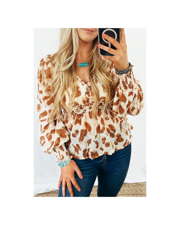 Azura Exchange Leopard Jacquard Puff Sleeve Peplum Blouse - S