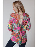 Azura Exchange Floral Long Sleeve Top with Twisted Hollow-out Back - L