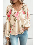 Azura Exchange Floral Print V-Neck Lantern Sleeve Blouse - S