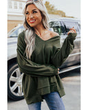 Azura Exchange Exquisite Green Long Sleeve Top with Split Neck and Exposed Seam Detail - M