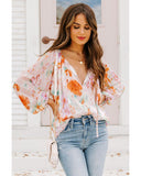 Azura Exchange Abstract Print Split Neck Puff Sleeve Blouse - L