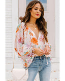 Azura Exchange Abstract Print Split Neck Puff Sleeve Blouse - M