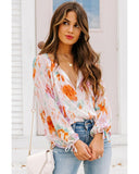 Azura Exchange Abstract Print Split Neck Puff Sleeve Blouse - S