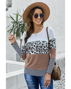 Azura Exchange Leopard Splicing Colorblock Long Sleeve Top - L