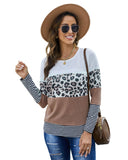 Azura Exchange Leopard Splicing Colorblock Long Sleeve Top - L