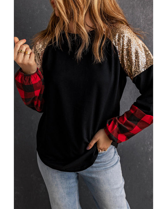 Azura Exchange Lantern Sleeve Plaid Sequin Pullover Sweatshirt - L