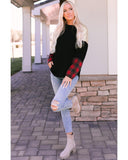 Azura Exchange Lantern Sleeve Plaid Sequin Pullover Sweatshirt - M