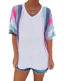 Azura Exchange Patchwork V Neck T-Shirt with Stripe Detail - M