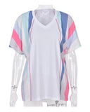 Azura Exchange Patchwork V Neck T-Shirt with Stripe Detail - M