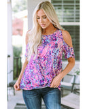 Azura Exchange Lavender Floral Print Cold Shoulder Blouse - M