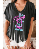 Azura Exchange Guitar Slogan Print Fringed V Neck Graphic Tee - M