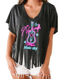 Azura Exchange Guitar Slogan Print Fringed V Neck Graphic Tee - M