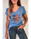 Azura Exchange Graphic Print V Neck T-Shirt with American Flag Cow Head Design - S