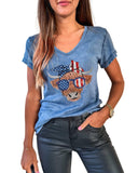 Azura Exchange Graphic Print V Neck T-Shirt with American Flag Cow Head Design - S