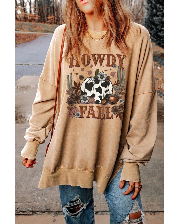 Azura Exchange Howdy Fall Pumpkin Print Split Hem Sweatshirt - L