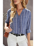 Azura Exchange Striped V Neck Pocket Long Sleeve Top - S