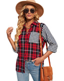 Azura Exchange Plaid Splicing Hit Color Pockets Long Sleeve Shirt - M