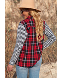 Azura Exchange Plaid Splicing Hit Color Pockets Long Sleeve Shirt - S