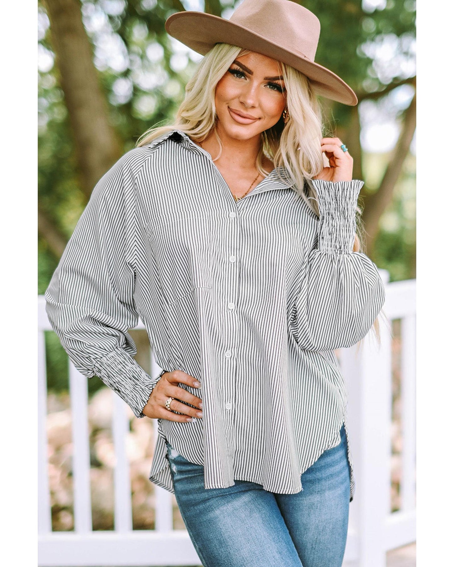 Azura Exchange Striped Boyfriend Shirt with Smocked Cuffs and Pocket - 2XL