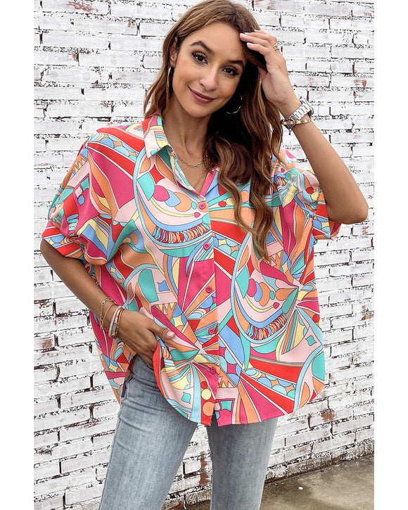 Azura Exchange Abstract Geometry Print Half Puff Sleeve Shirt - M