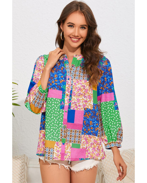 Azura Exchange Floral Patchwork Print Puff Sleeve Shirt - M