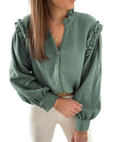 Azura Exchange Frilled Split Neck Crinkled Shirt - L