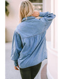 Azura Exchange V-shape Stitching Puff Sleeve Denim Shirt - L