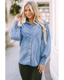 Azura Exchange V-shape Stitching Puff Sleeve Denim Shirt - L