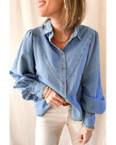 Azura Exchange V-shape Stitching Puff Sleeve Denim Shirt - L