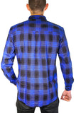 Mens Flannelette Long Sleeve Shirt 100% Cotton Check Authentic Flannel - Full Placket - Royal Blue - L