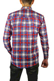 Mens Flannelette Long Sleeve Shirt 100% Cotton Check Authentic Flannel - Full Placket - Navy/Red/White - M