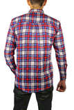 Mens Flannelette Long Sleeve Shirt 100% Cotton Check Authentic Flannel - Full Placket - Navy/Red/White - XL