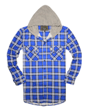 Mens Cotton Flannelette Shirt w Jersey Hood Long Sleeve Flannel - Spanish Blue - 3XL