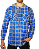 Mens Cotton Flannelette Shirt w Jersey Hood Long Sleeve Flannel - Spanish Blue - L