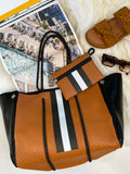 Cheeky X Neoprene Handbag Vegan Tote 2 Piece Set Stripe Tan & Bla