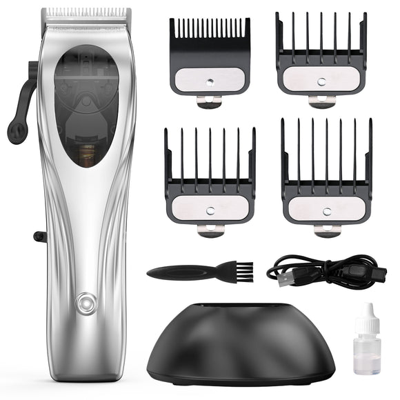 WL-1670 Silver Professional Hair Clipper Set with Adjustable Guards - USB Rechargeable Trimmer with Charging Dock