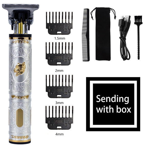 Wolf Emblem Vintage Cordless Hair Trimmer - Professional Grooming Kit with Adjustable Guards, USB Charging, and Accessories