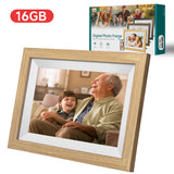 WiFi Digital Photo Frame 10.1-Inch Wooden Frame - 16GB Storage, IPS Touchscreen, App Remote Sharing