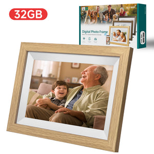 WiFi Digital Photo Frame 10.1-Inch Wooden Frame - 32GB Storage IPS Touchscreen App Remote Sharing