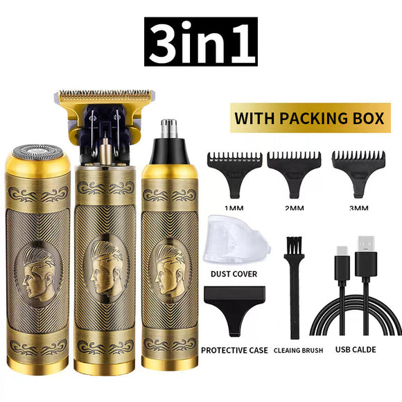 3-in-1 Professional Hair Clipper Set - Rechargeable Beard Trimmer, Nose Hair Trimmer, and Electric Shaver with USB Cable, Cleaning Brush, and Attachments