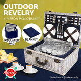 Alfresco 6-Person Picnic Basket Cooler Bag Wicker PU Fastening Straps Plates