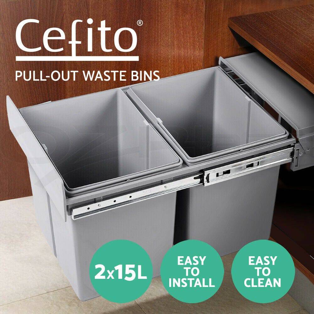 Pull Out Kitchen Bin - Grey Cefito 2x15L