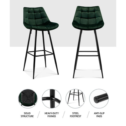 Artiss 2x  Kitchen Bar Stools Velvet Bar Stool Counter Chairs Metal Barstools Green