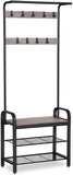 Greige and Black Steel Freestanding Coat Rack Stand with Removable Hooks, Bench and Shoe Rack, Height 183 cm