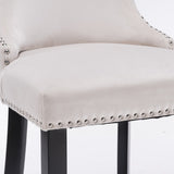 2x Velvet Upholstered Button Tufted Bar Stools with Wood Legs and Studs-Beige